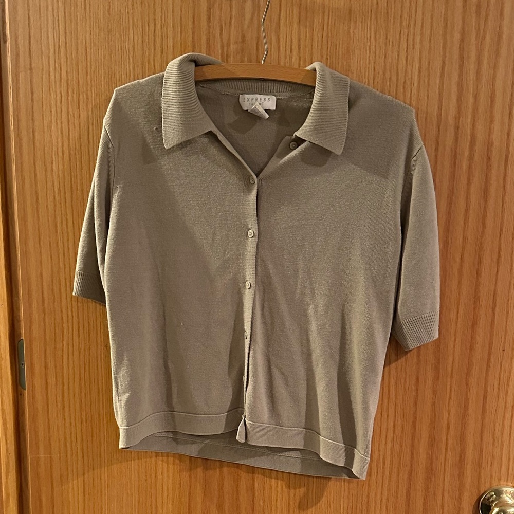 Express Tricot Tan Button-Up Sweater